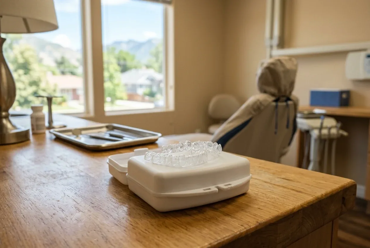 Clear aligners resting on a white case on a desk in a dental examination room.