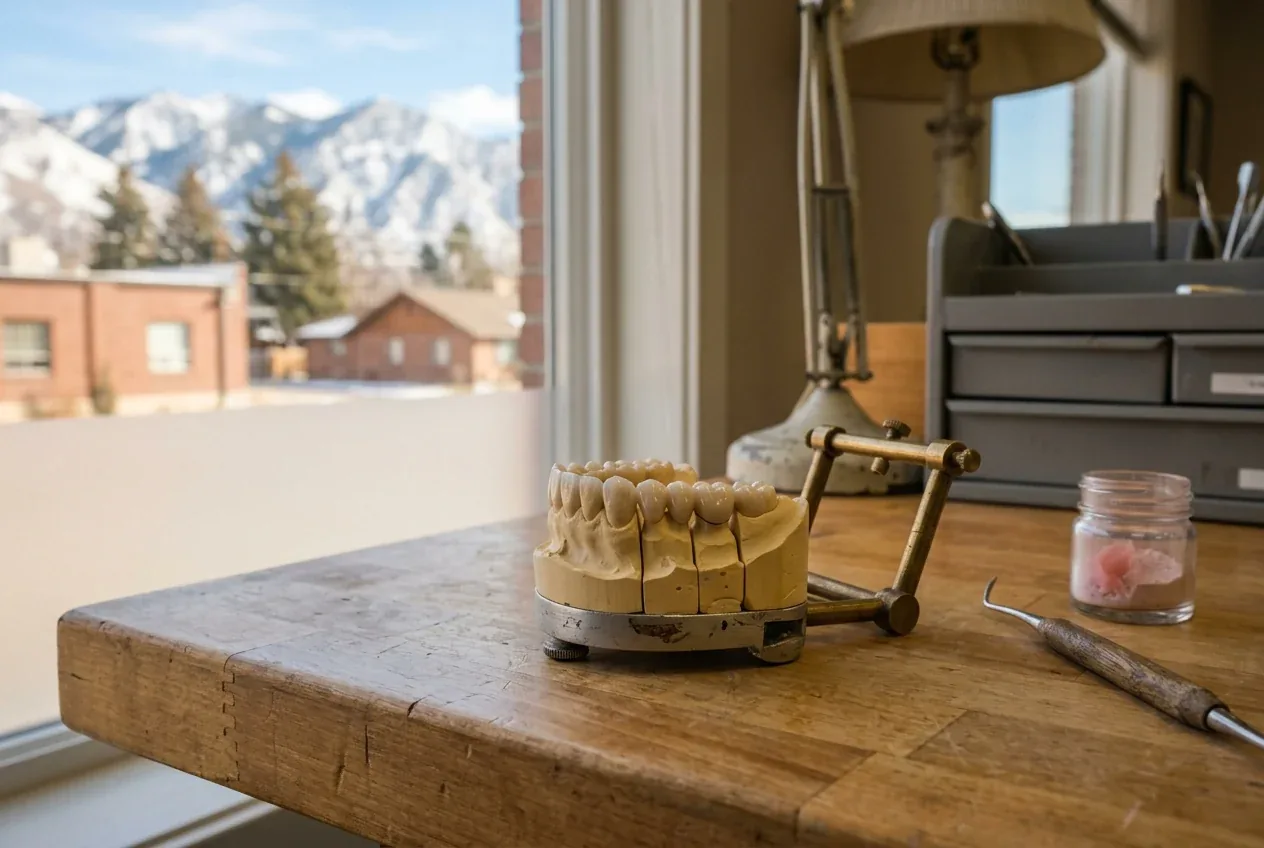 Dental bridge model on an articulator resting on a wooden workbench in front of a window.