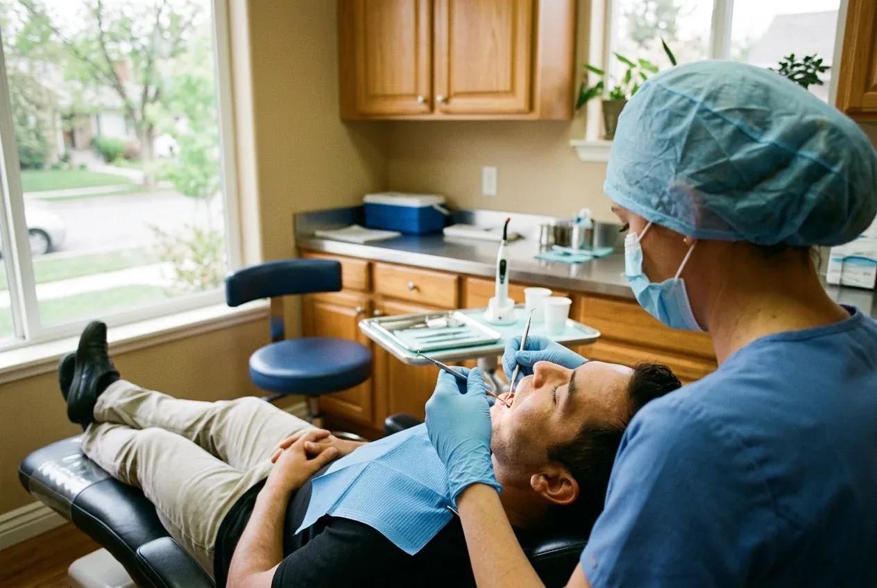 A masked hygienist cleans the teeth of a patient reclining in a dental chair.