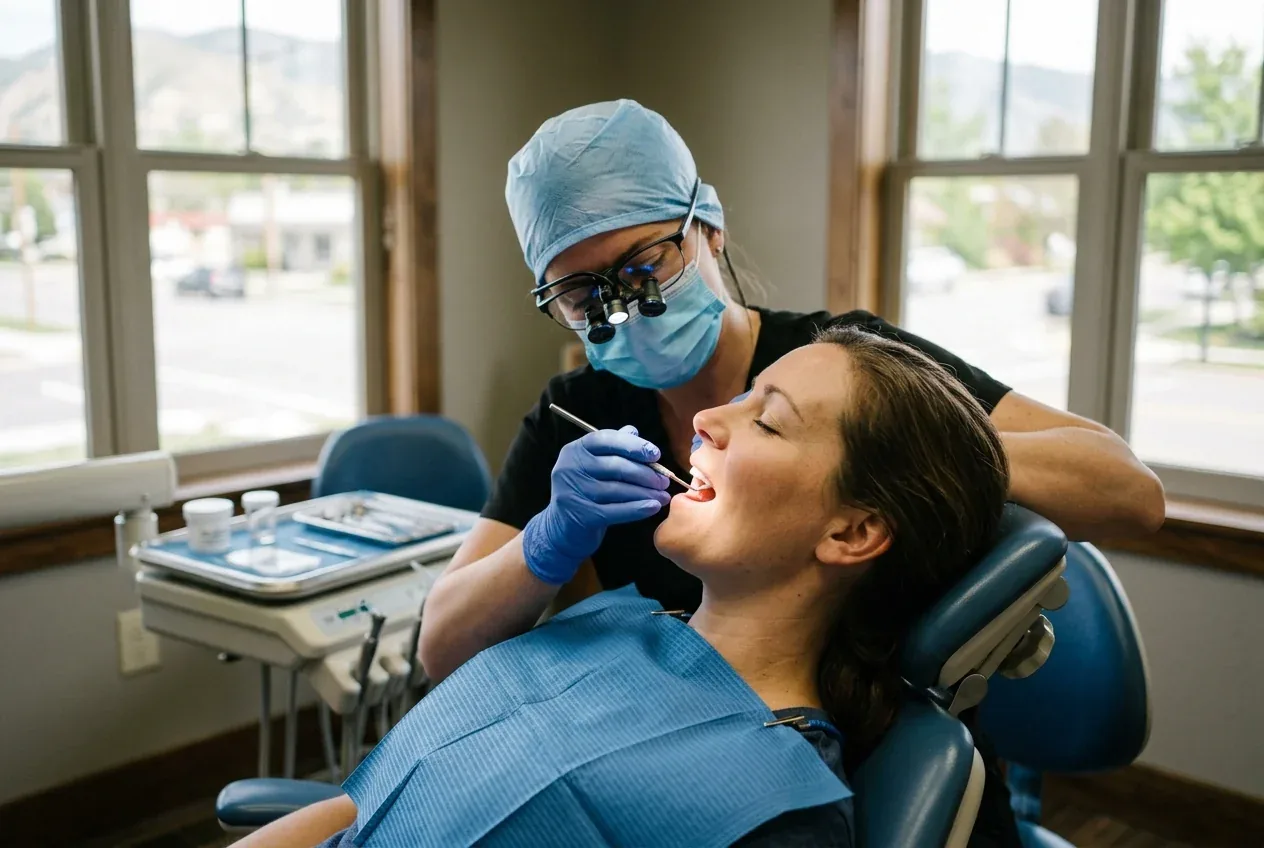 A dentist wearing loupes and a mask examines a patient's mouth using a dental instrument.