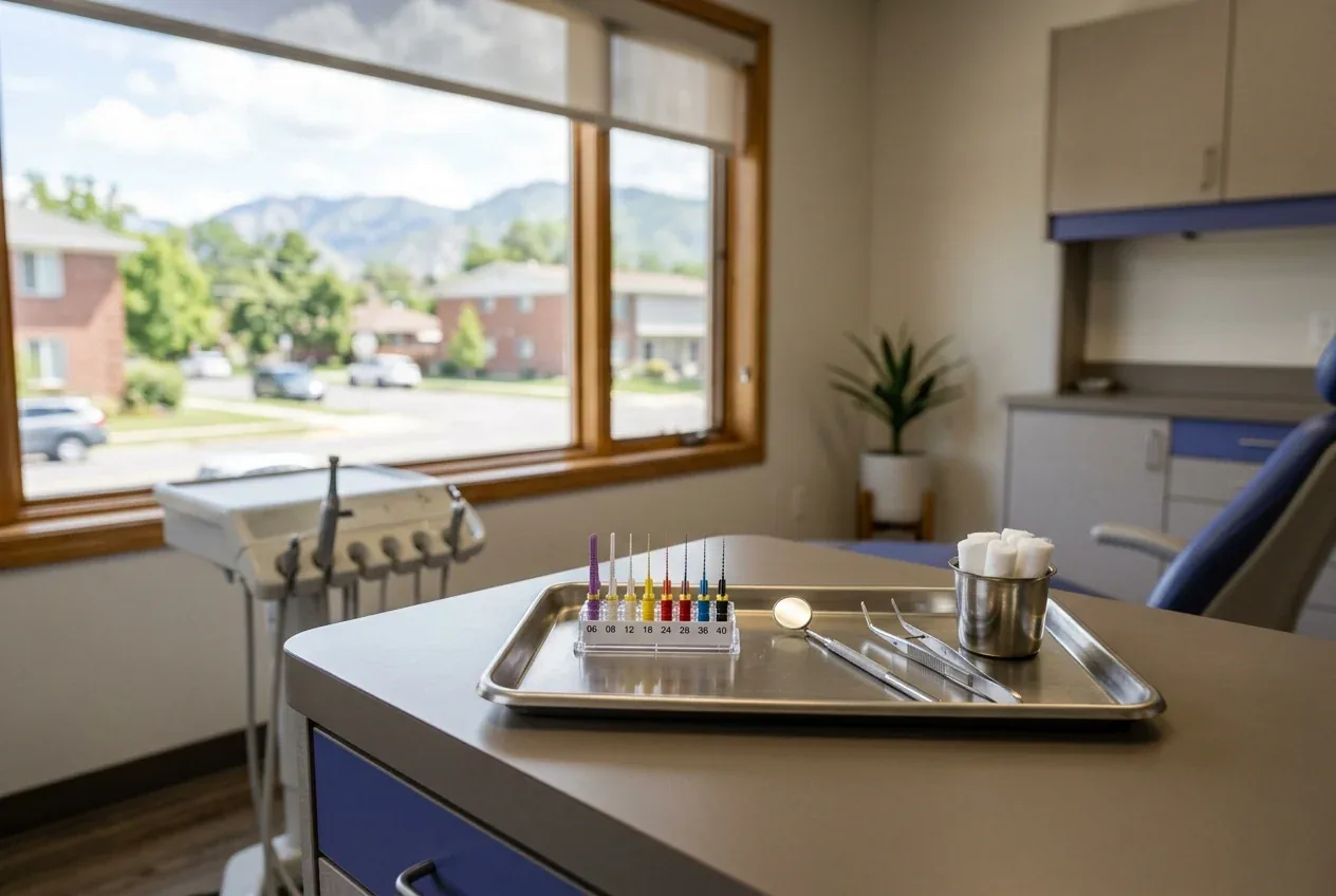 Root canal files and dental instruments on a metal tray in an operatory with a window view.